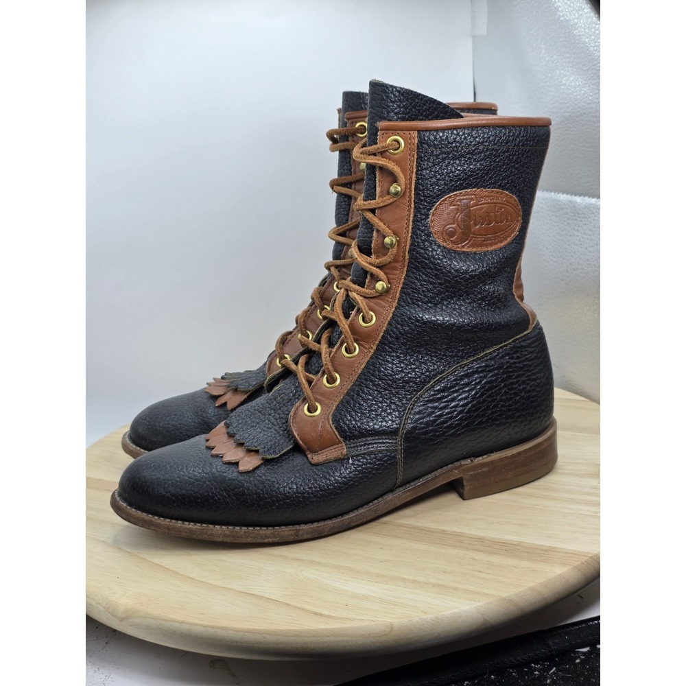 Women 8C - Vtg Justin Kiltie Fringe Lace Up Boots Pebble Leather Black Brown Box
